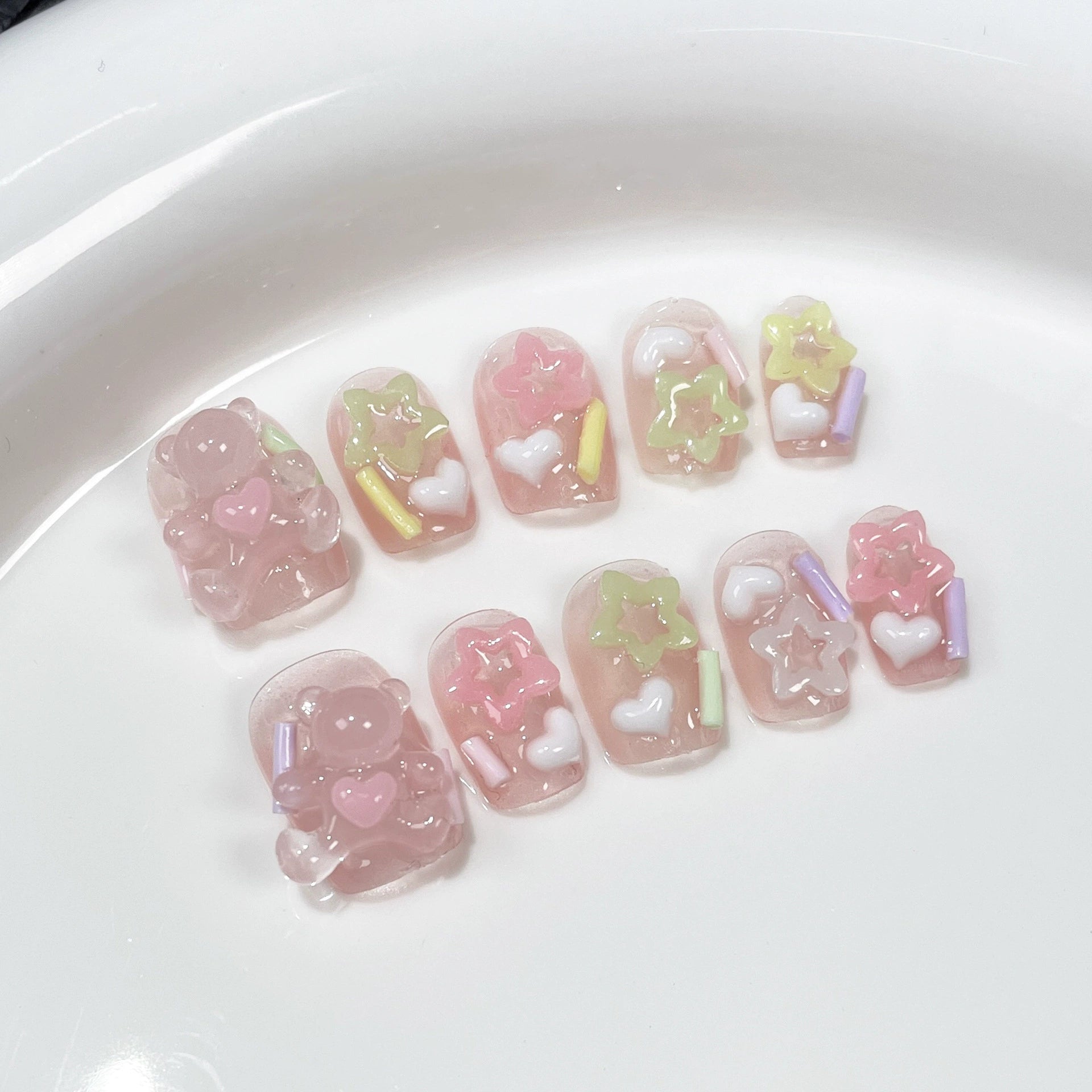Pink Jelly 3D Bear Press-On Nails | Pastel Star, Heart & Candy Stick Nail Art | Kids Party & Fun Event Nails