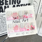 Pink Silver Press-On Nails | Princess Style with 3D Bow, Heart, Star Charms, Pearl Chain & Glitter