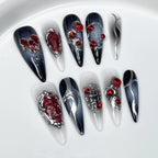 Black and White Press-On Nails with Red Gemstones and Blood-Inspired Design | Gothic Dark Nail Art for Halloween, Vampire Party & Fashion Events