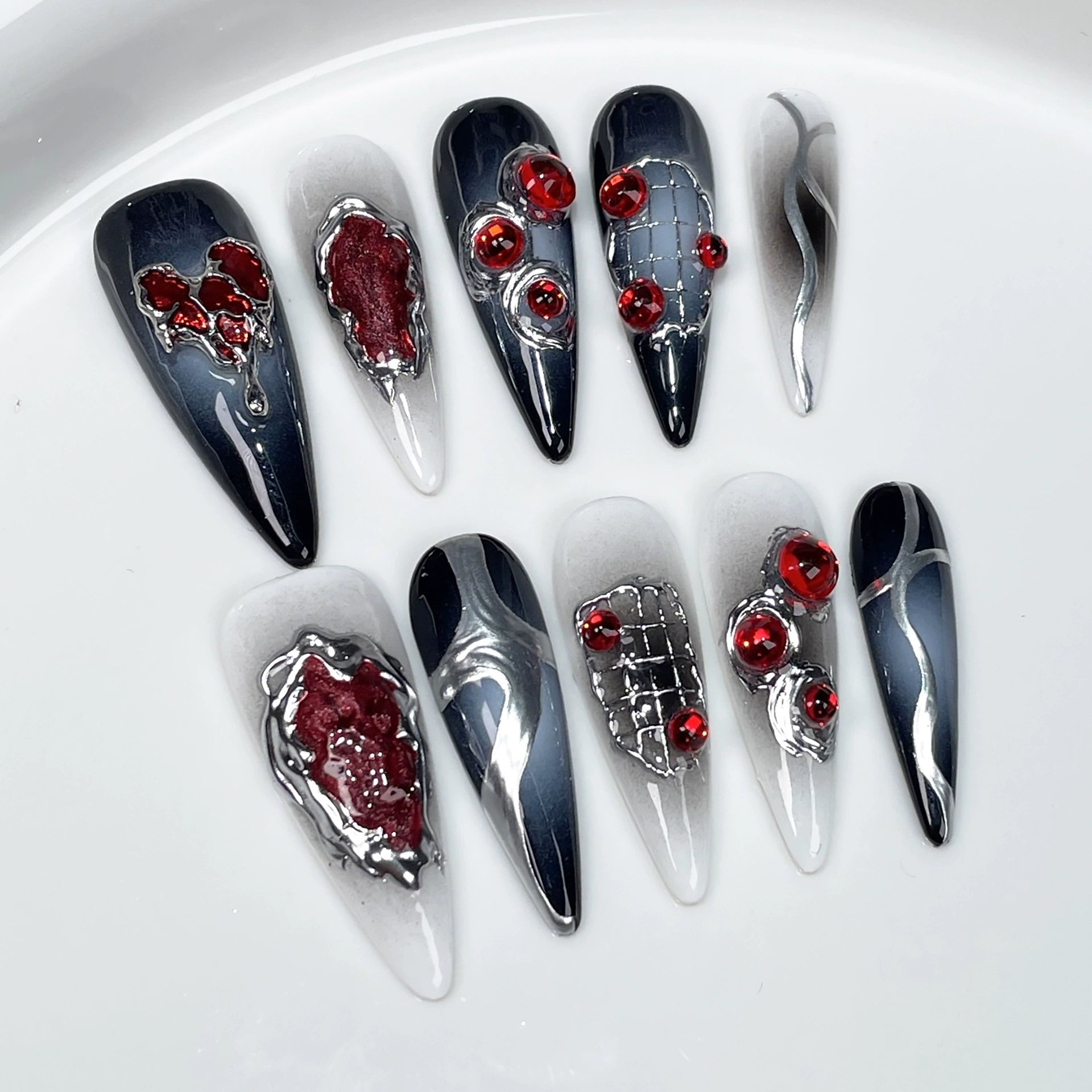 Black and White Press-On Nails with Red Gemstones and Blood-Inspired Design | Gothic Dark Nail Art for Halloween, Vampire Party & Fashion Events