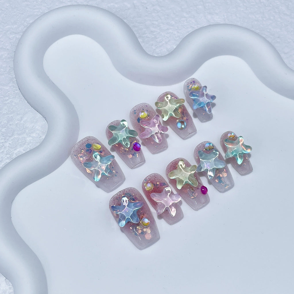 Transparent Glitter Press-On Nails | Iridescent Starfish & Colorful Rhinestones | Dreamy Ocean Nail Art for Summer & Beach