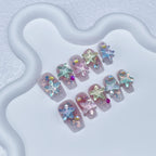 Transparent Glitter Press-On Nails | Iridescent Starfish & Colorful Rhinestones | Dreamy Ocean Nail Art for Summer & Beach
