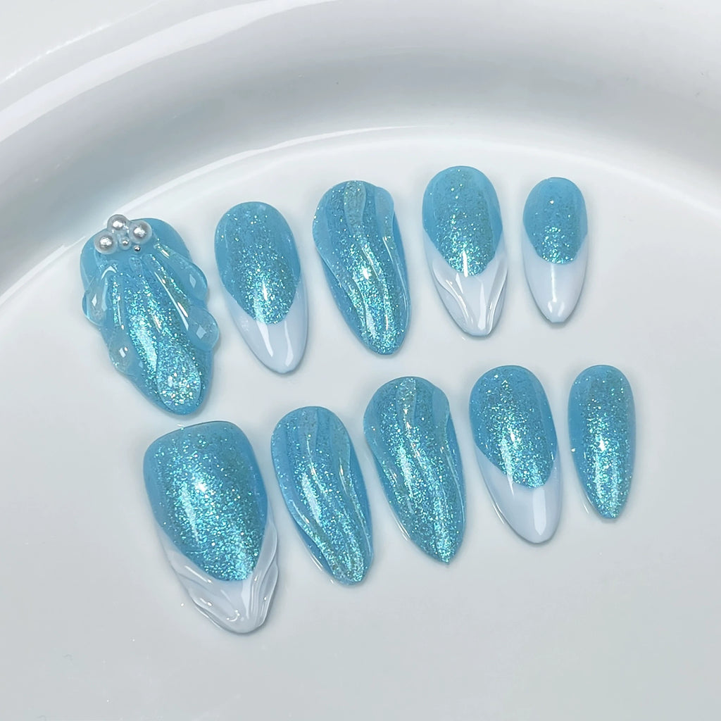 Ocean Dream Press-On Nails - Blue and White Gradient with Glitter, Silver Beads & 3D Transparent Blue Accents | Fresh Summer Marine Style