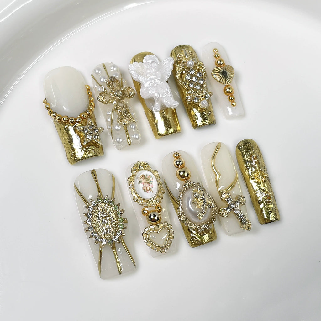 Elegant Baroque Pearl - Angel Press-On Nails |3D Luxury Nail Art for Wedding& Party | Gold Metallic Cross Rhinestone Nails with Vintage Cameo Accents