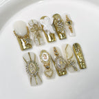 Elegant Baroque Pearl - Angel Press-On Nails |3D Luxury Nail Art for Wedding& Party | Gold Metallic Cross Rhinestone Nails with Vintage Cameo Accents