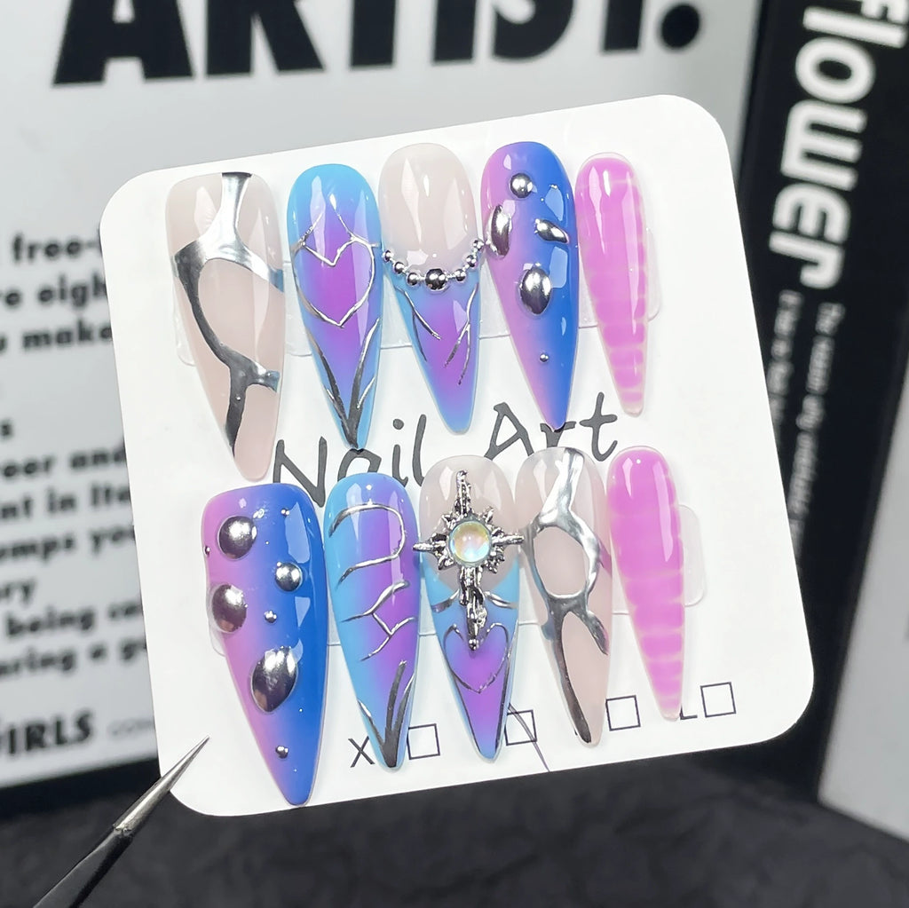 Pastel Gradient Press-On Nails with Iridescent Gems | Sweet Futuristic Nails with Silver Cross Charms | Party & Festival Nail Art