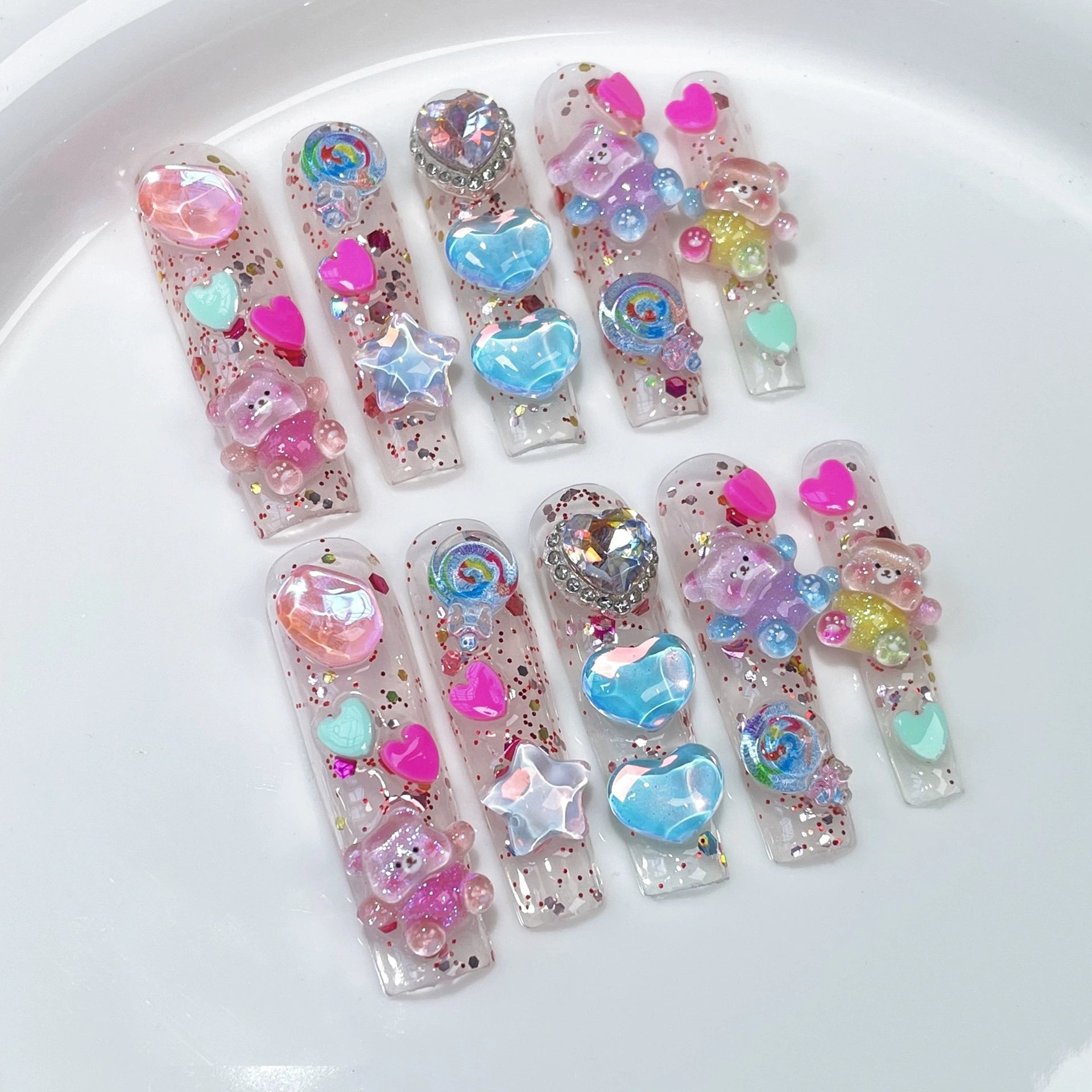 Transparent Candy & Rainbow Press-On Nails with 3D Bears, Hearts, Stars & Rhinestones | Sweet Playful Nail Art for Kids, Parties & Festivals