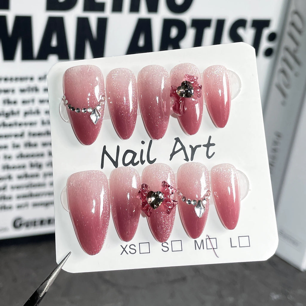 Romantic Bloom - Red Pink Gradient Glitter Press-On Nails | Elegant Nail Art with Silver Heart & Chain Accents | 3D Red Flower Nails for Wedding & Date Look