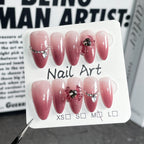 Romantic Bloom - Red Pink Gradient Glitter Press-On Nails | Elegant Nail Art with Silver Heart & Chain Accents | 3D Red Flower Nails for Wedding & Date Look