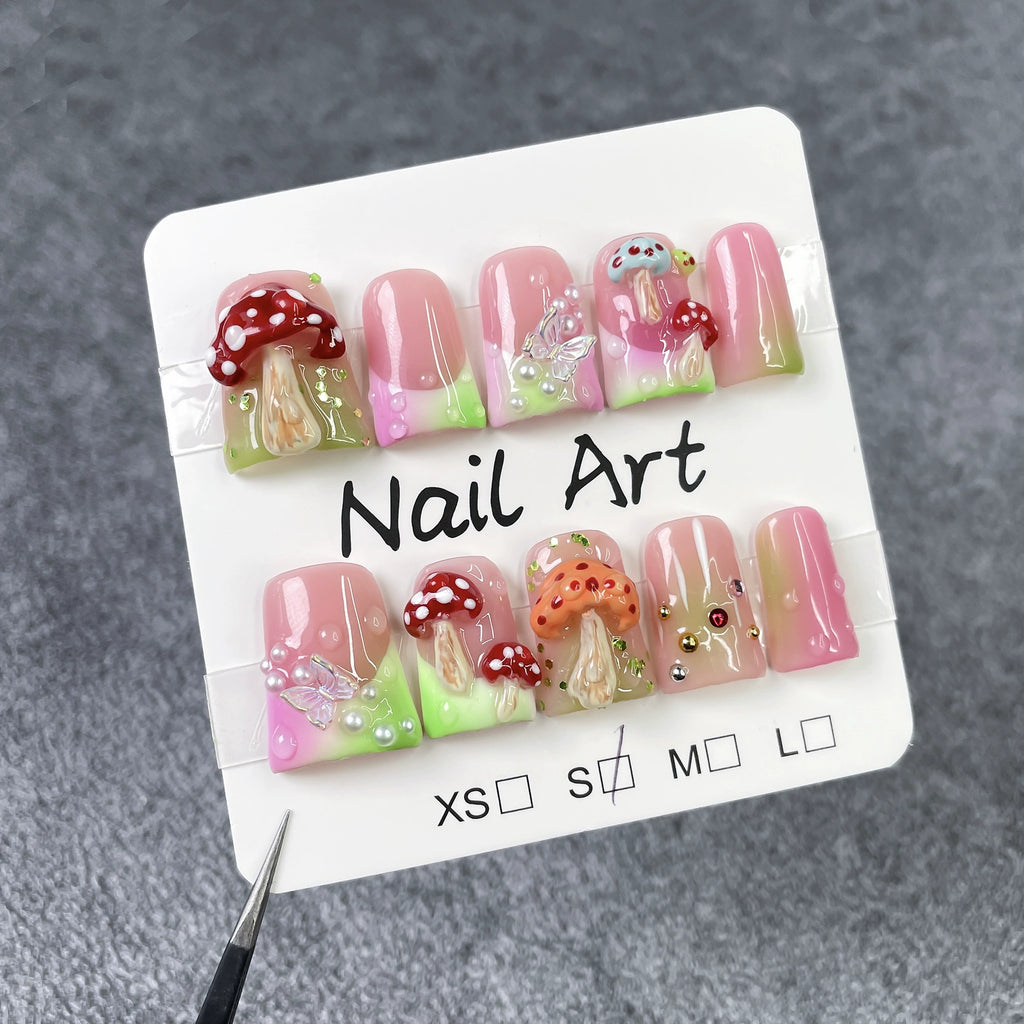 Fairycore Press-On Nails Pink Green Gradient | 3D Mushroom Butterfly Pearl Glitter Nail Art | Whimsical Forest Nails for Halloween Party