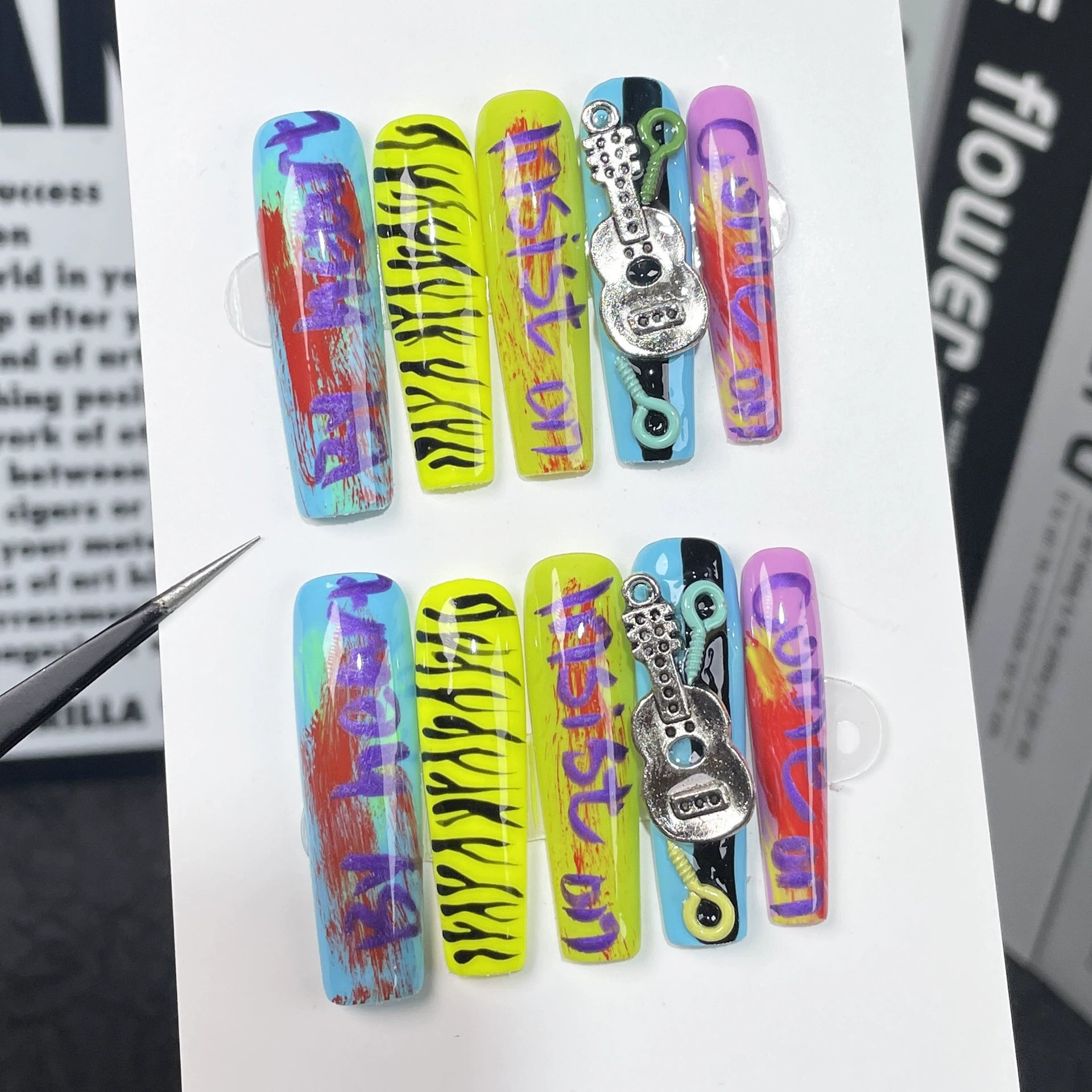 Colorful Graffiti Zebra Print Press-On Nails with Silver Guitar Charm | Rock & Street Style Nail Art for Music Festivals, Concerts & Parties