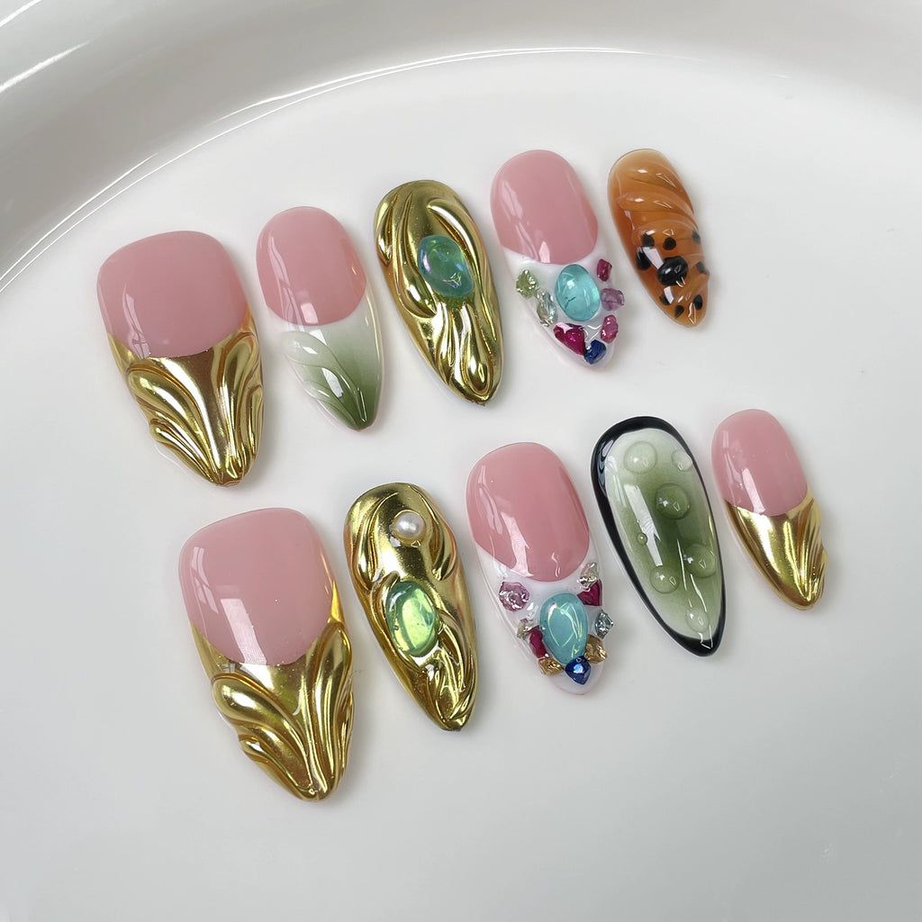 Artistic Luxe Press-On Nails | Pink Gold Green with Colorful Gemstones & Pearls | Creative Glam Nails for Party & Exhibition