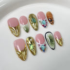 Artistic Luxe Press-On Nails | Pink Gold Green with Colorful Gemstones & Pearls | Creative Glam Nails for Party & Exhibition