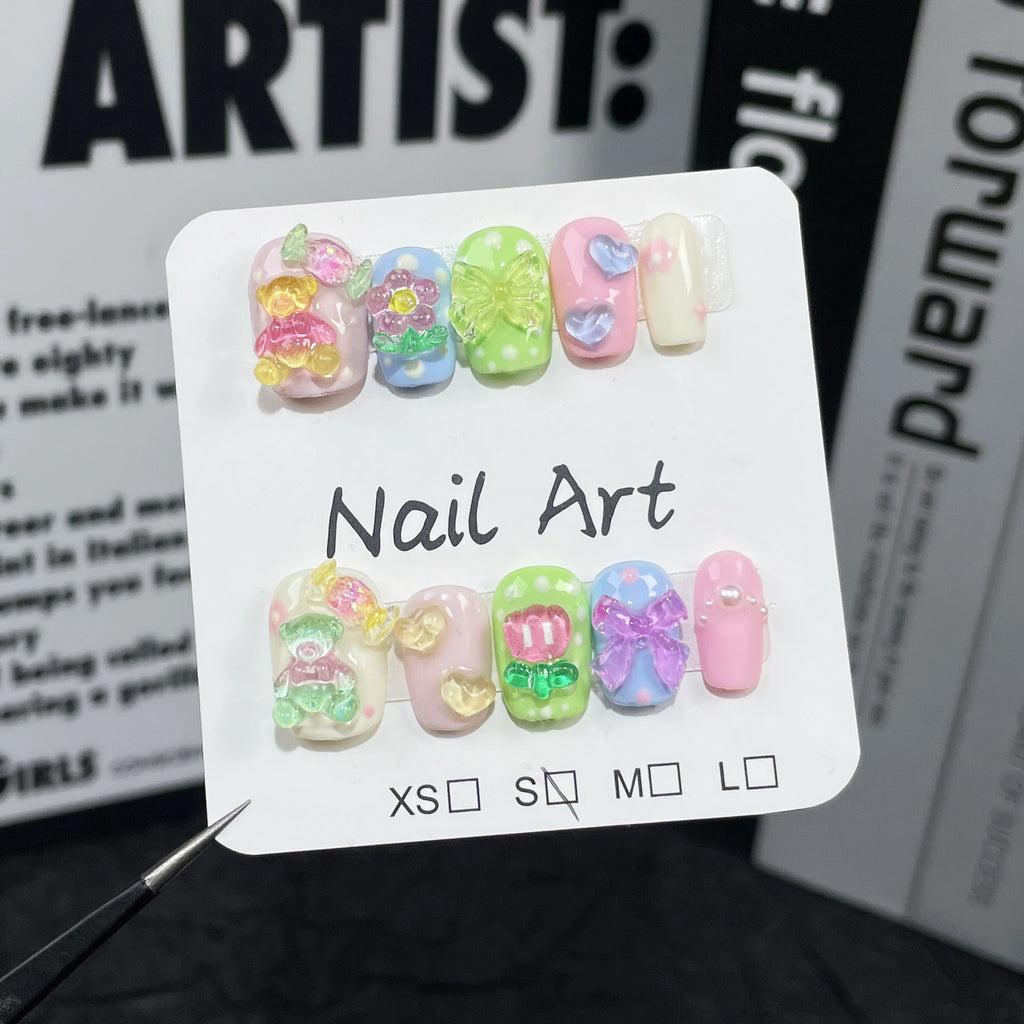 Playful Cute Press-On Nails - Colorful Pink, Blue & Green with 3D Bears, Flowers, Bows & Candy Accents | Fun Kids-Inspired Nail Art