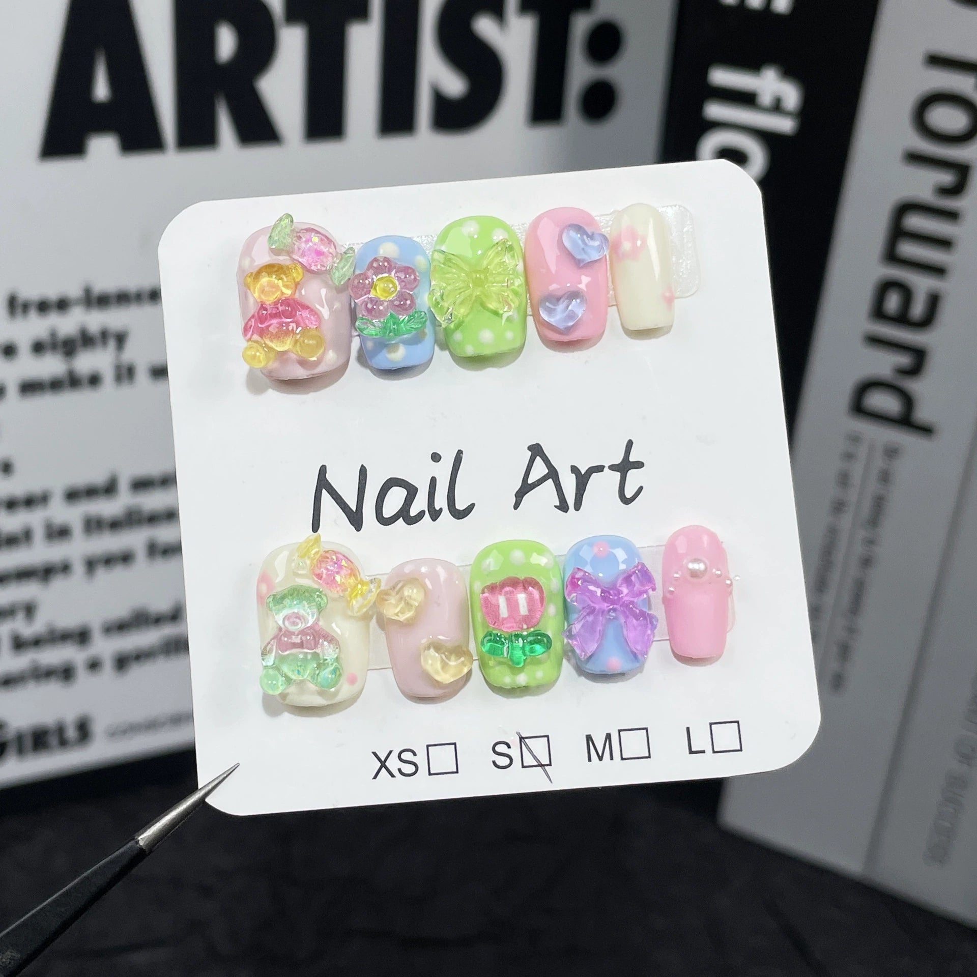 Playful Cute Press-On Nails - Colorful Pink, Blue & Green with 3D Bears, Flowers, Bows & Candy Accents | Fun Kids-Inspired Nail Art