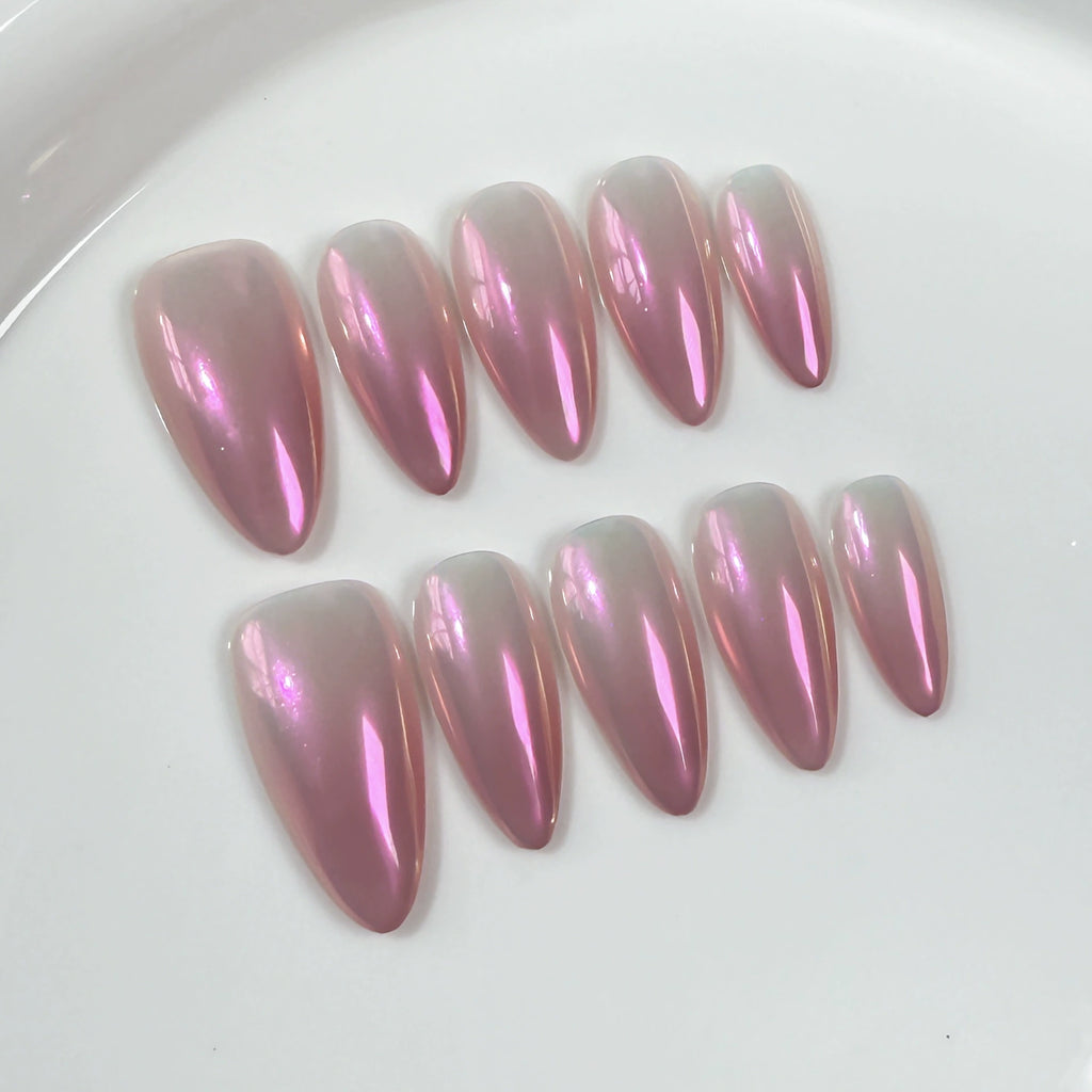 Minimal Aurora - Pink White Iridescent Press-On Nails | Elegant Gradient Nail Art for Office, Event & Daily Wear