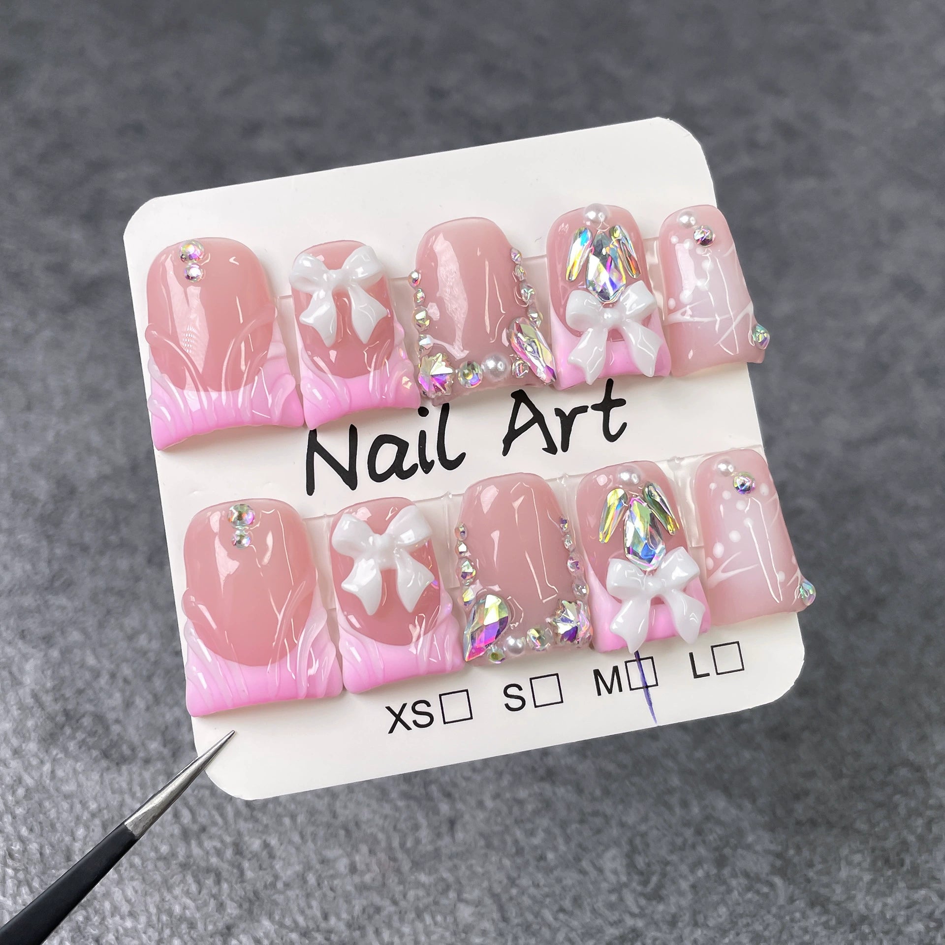 Nude Pink Press-On Nails with 3D Bow, Pearls & Rhinestones | Sweet Elegant Princess Nail Art