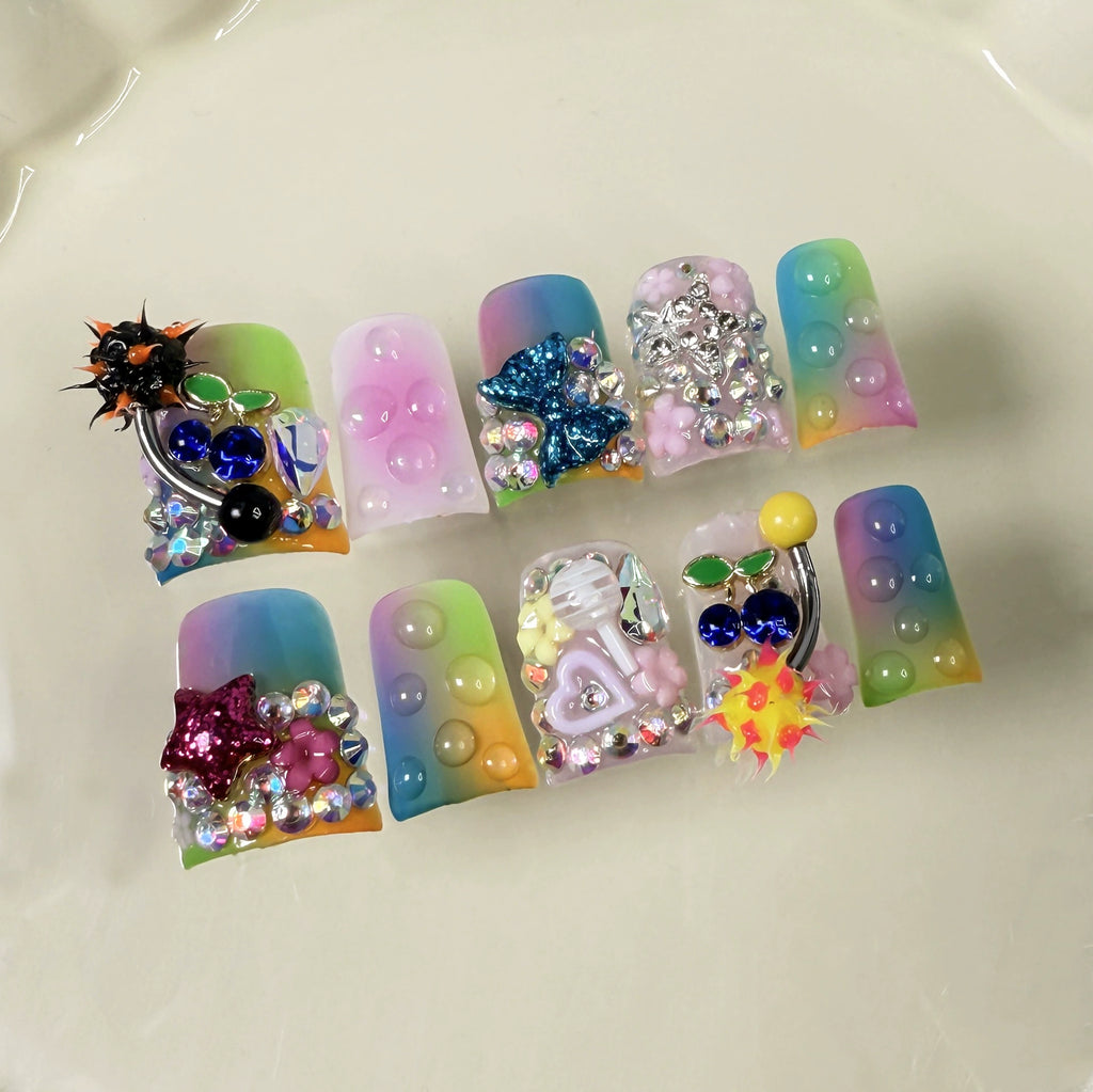 Colorful Rainbow Press-On Nails with 3D Star, Bubble & Cherry Charms | Funky Artistic Nail Design for Party & Festival