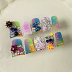 Colorful Rainbow Press-On Nails with 3D Star, Bubble & Cherry Charms | Funky Artistic Nail Design for Party & Festival