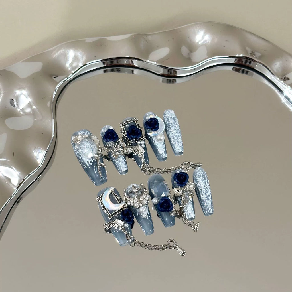 Light Blue Glitter Press-On Nails | 3D Dark Blue Flowers, Silver Wings & Fantasy Decorations | Glamorous Dark Fairy Tale Nail Art for Parties & Halloween