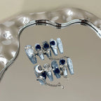 Light Blue Glitter Press-On Nails | 3D Dark Blue Flowers, Silver Wings & Fantasy Decorations | Glamorous Dark Fairy Tale Nail Art for Parties & Halloween