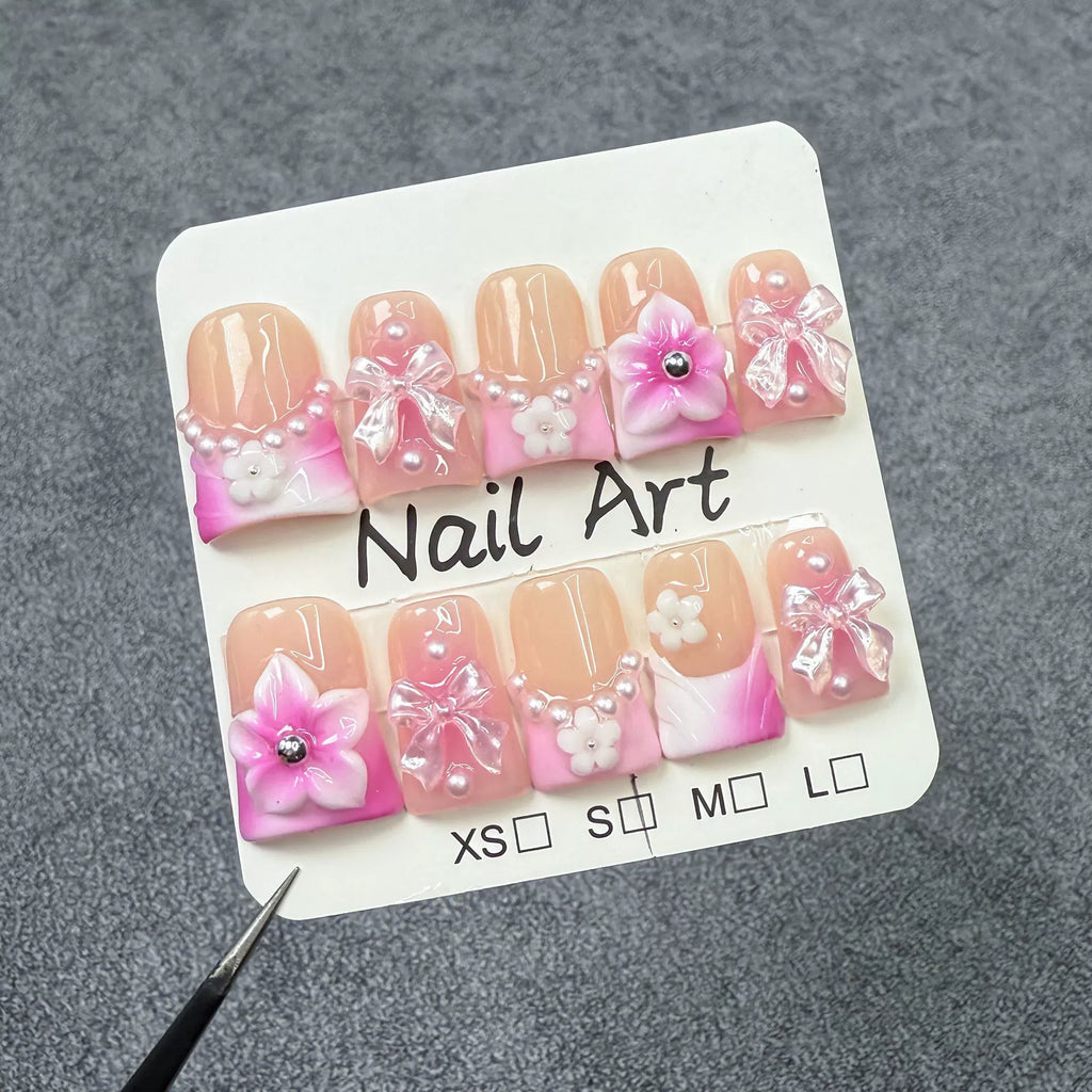 Pink Gradient Press-On Nails | 3D Flower Bow Pearl Nail Art | Sweet Princess Style for Valentine’s Day or Wedding