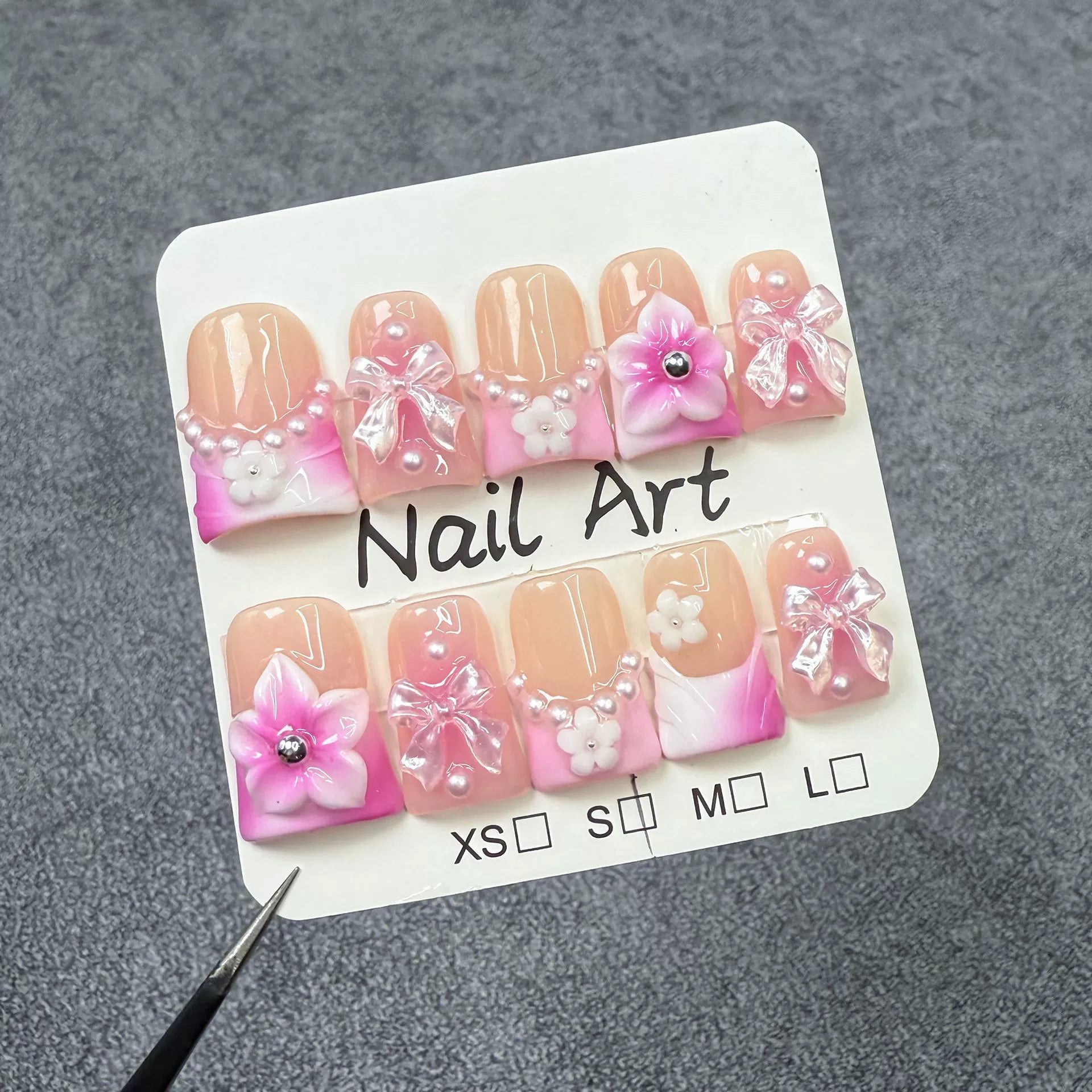 Pink Gradient Press-On Nails | 3D Flower Bow Pearl Nail Art | Sweet Princess Style for Valentine’s Day or Wedding