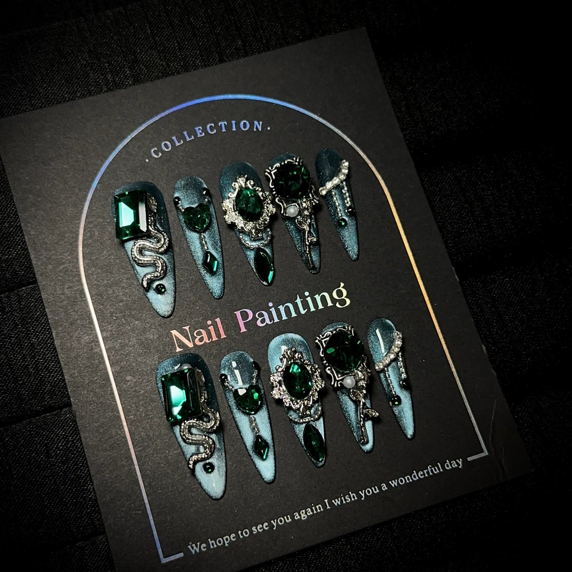 Teal Silver Gothic Press-On Nails | Snake Metal Design with Green Gemstones & Rhinestones | Dark Luxury Nail Art for Halloween & Party