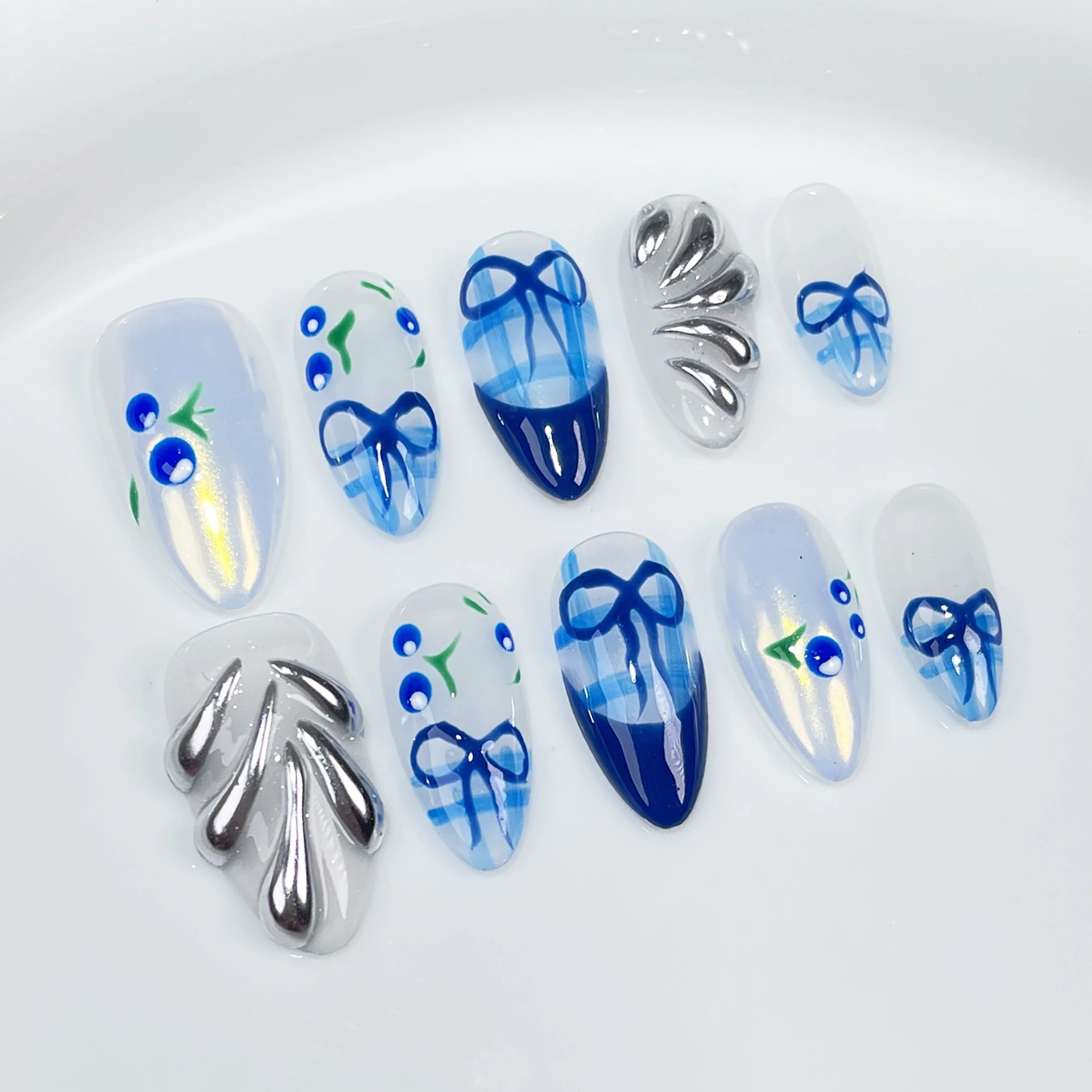 Blueberry Charm - Plaid Press-On Nails | 3D Bow Nail Art for Spring Picnic & Art Exhibition | Blue White Nails with Silver & Leaf Accents