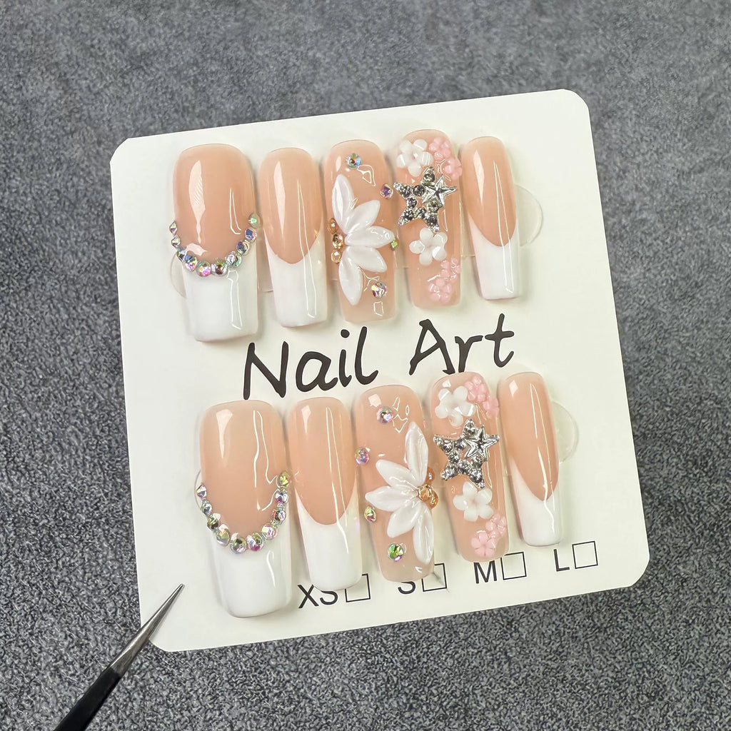 Nude White French 3D Press-On Nails | Elegant Floral Nail Art with Rhinestones & Bead Chains | Perfect for Dates & Daily Wear
