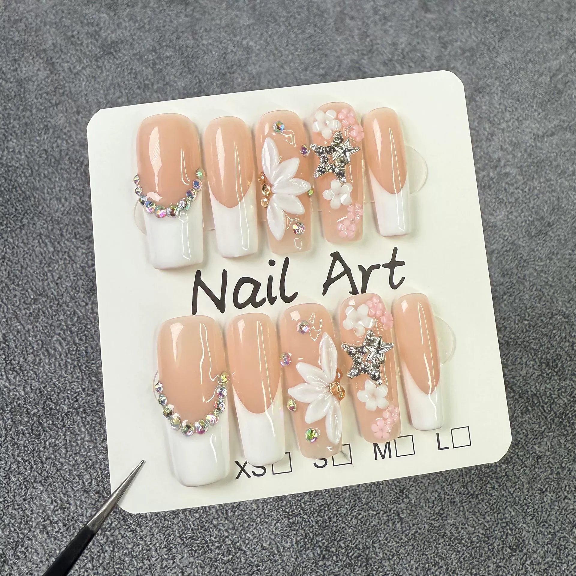 Nude White French 3D Press-On Nails | Elegant Floral Nail Art with Rhinestones & Bead Chains | Perfect for Dates & Daily Wear