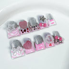 Pink Silver Press-On Nails | Princess Style with 3D Bow, Heart, Star Charms, Pearl Chain & Glitter