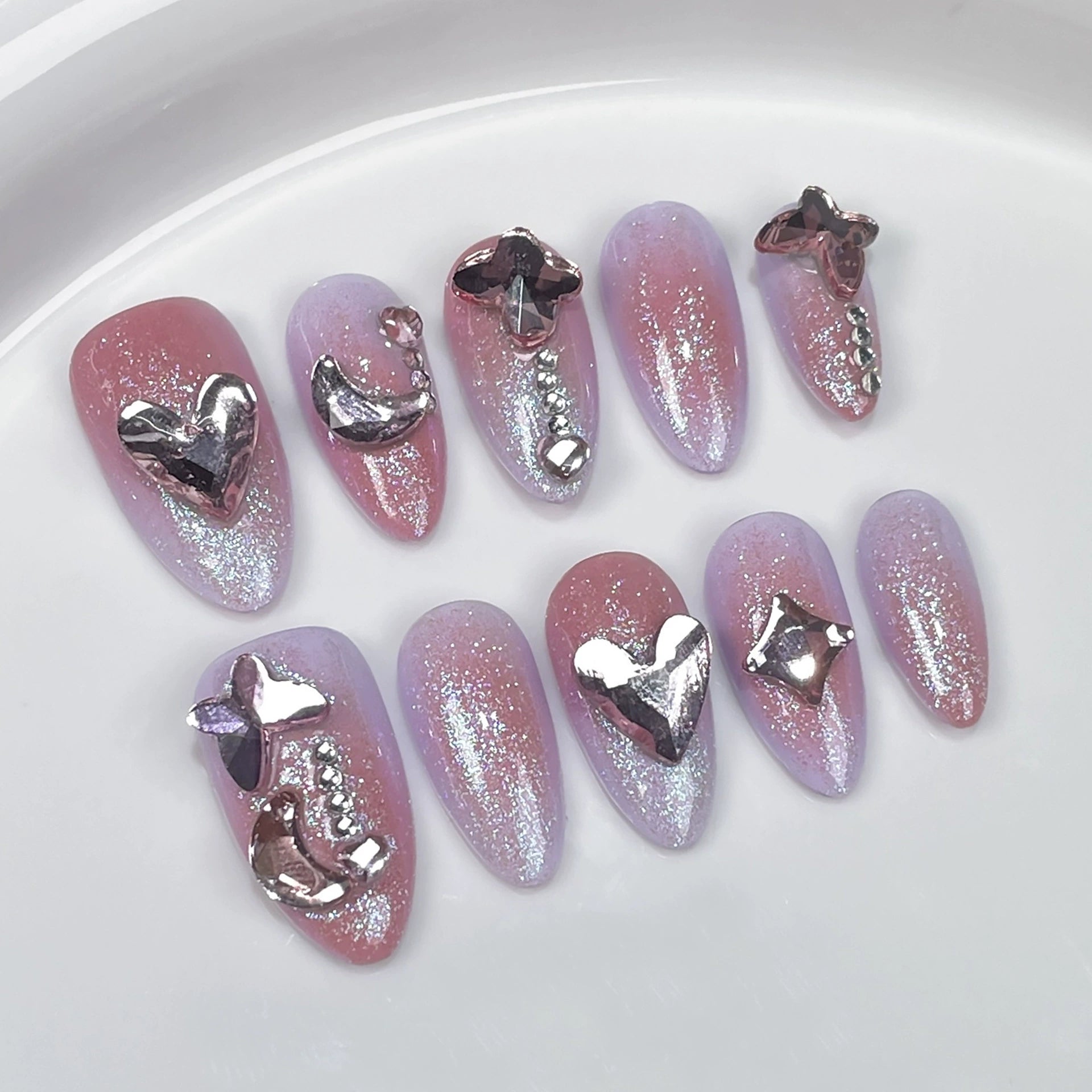 Dreamy Princess Press-On Nails - Pink & Purple Gradient with Hearts, Stars & Crescent Rhinestones | Sparkling Romantic Nail Design for Date, Party & Wedding