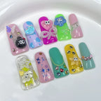 Rainbow Color Press-On Nails with 3D Flowers, Hearts & Cute Charms | Fun Artistic Nails for Kids Party, Carnival & Halloween
