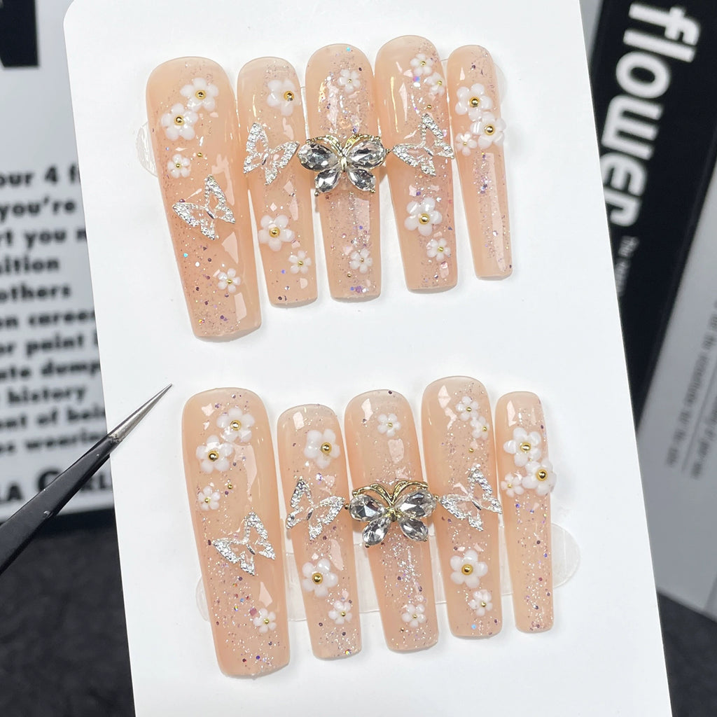 Nude Pink Fairy Press-On Nails with White Flowers, Silver & 3D Butterfly Rhinestones | Elegant Spring Nail Art for Weddings, Tea Parties & Festivals