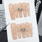 Nude Pink Fairy Press-On Nails with White Flowers, Silver & 3D Butterfly Rhinestones | Elegant Spring Nail Art for Weddings, Tea Parties & Festivals