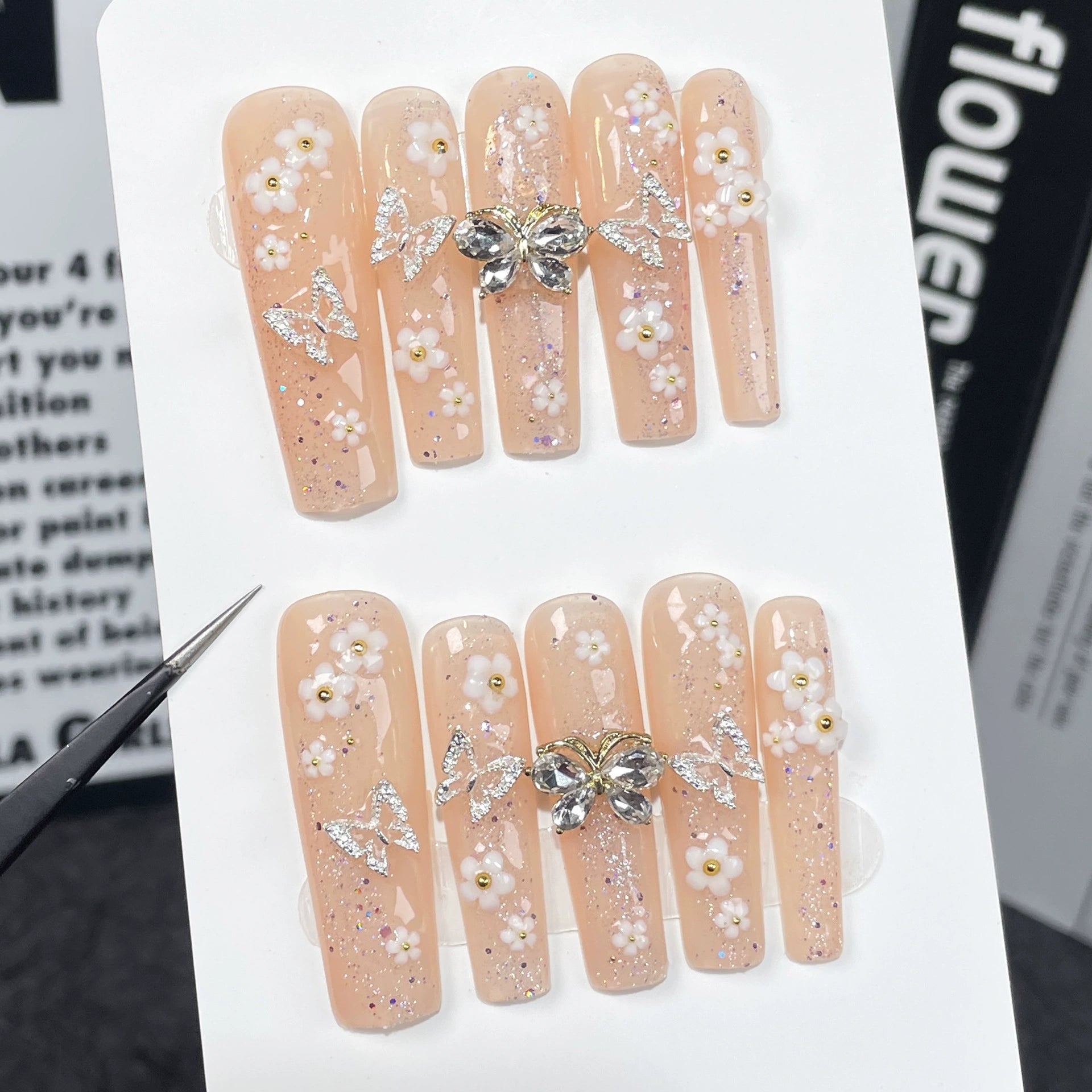 Nude Pink Fairy Press-On Nails with White Flowers, Silver & 3D Butterfly Rhinestones | Elegant Spring Nail Art for Weddings, Tea Parties & Festivals