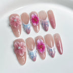 Elegant Sweet Forest Press-On Nails - Nude & Light Pink with 3D Flowers and Blue-Pink Gradient | Romantic Spring & Sakura Season Nail Art
