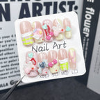Pink Strawberry 3D Press-On Nails | Cute Bow & Rhinestone Nail Art | Fun Heart & Grid Details for Birthday & Theme Park
