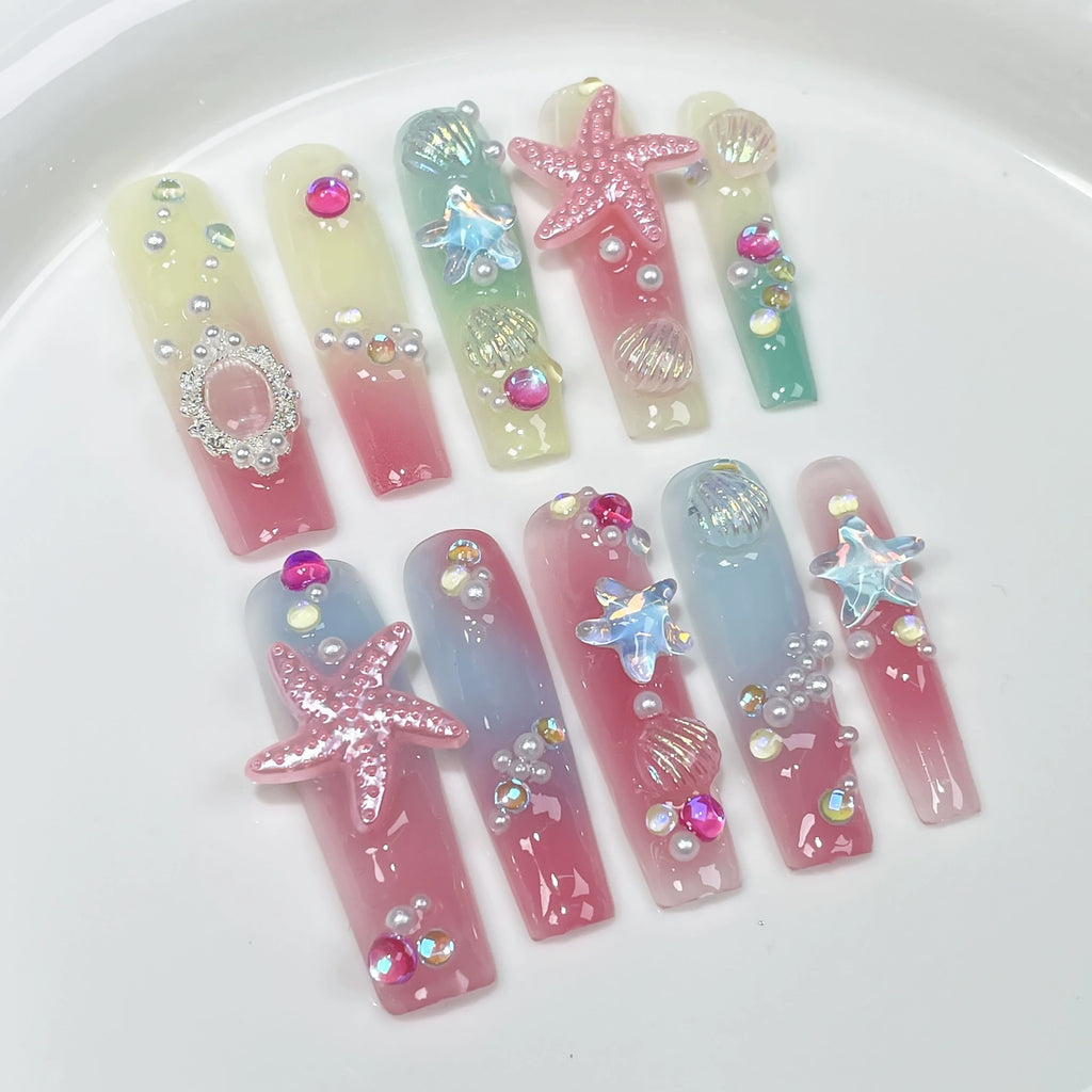 Pastel Ocean Gradient Press-On Nails with 3D Starfish, Shells & Pearls | Sweet Beach Fantasy Nails for Summer Vacation, Pool & Beach Parties