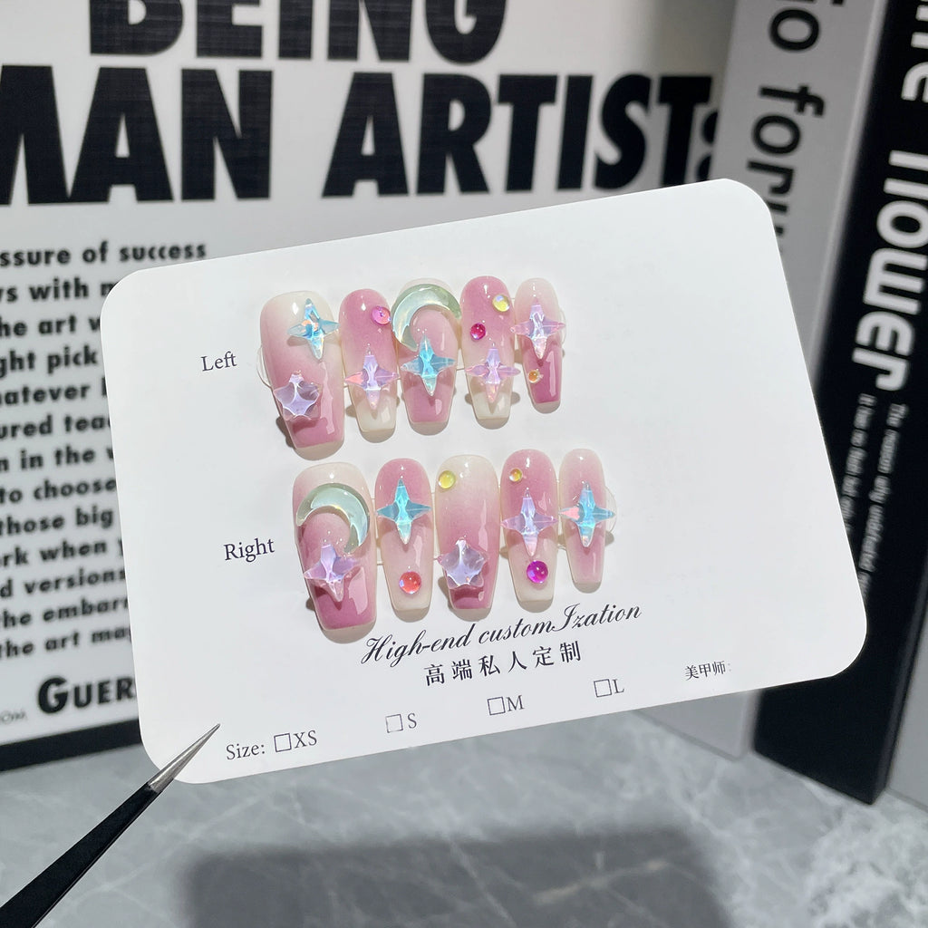 Pink & White Gradient Press-On Nails | Iridescent Stars, Moon Charms & Colorful Rhinestones | Dreamy Fairy Nail Art for Parties & Romantic Events