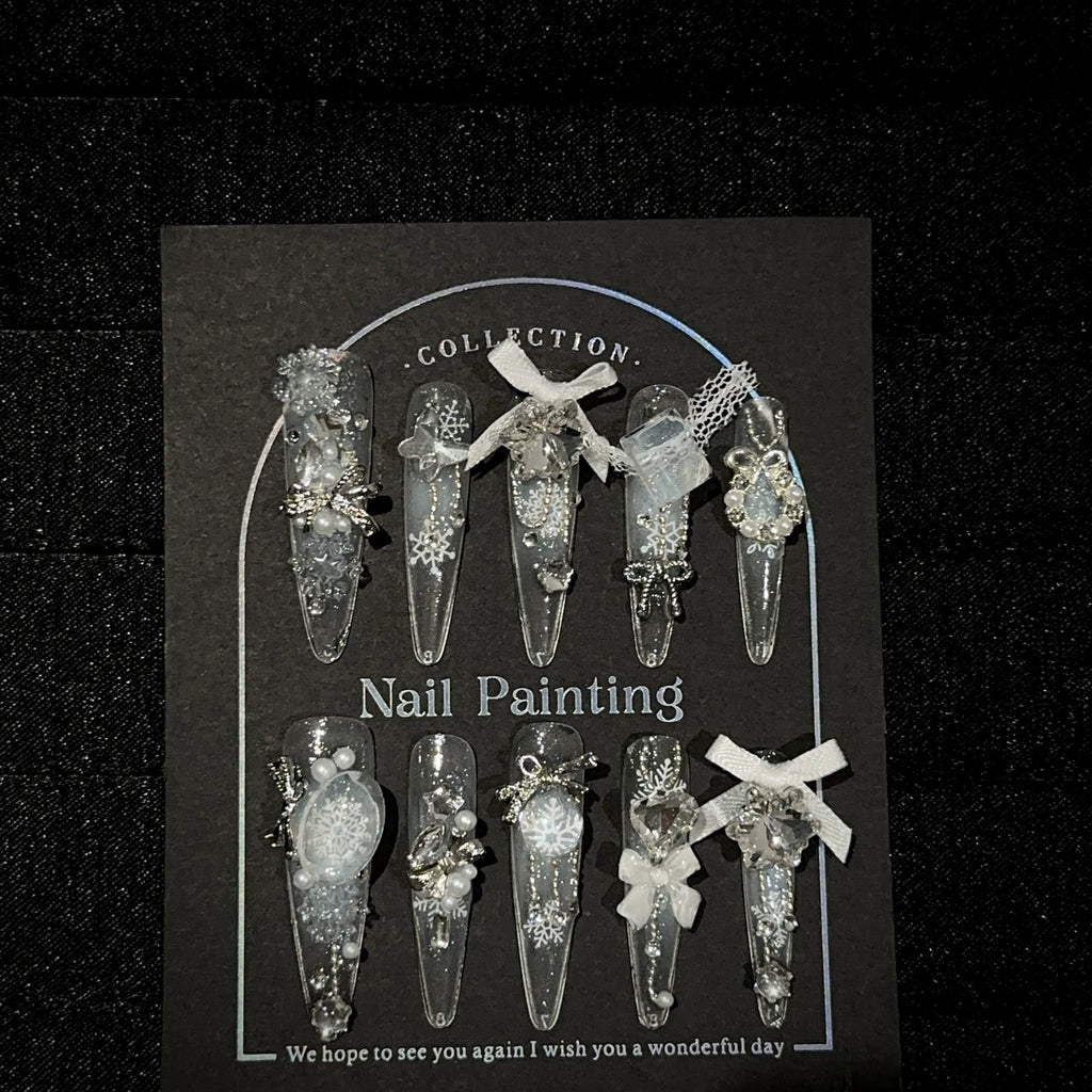 Winter Snowflake Press-On Nails - White Bows, Pearls & Silver 3D Decorations | Glitter Press-On Nails for Christmas & New Year