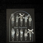 Winter Snowflake Press-On Nails - White Bows, Pearls & Silver 3D Decorations | Glitter Press-On Nails for Christmas & New Year