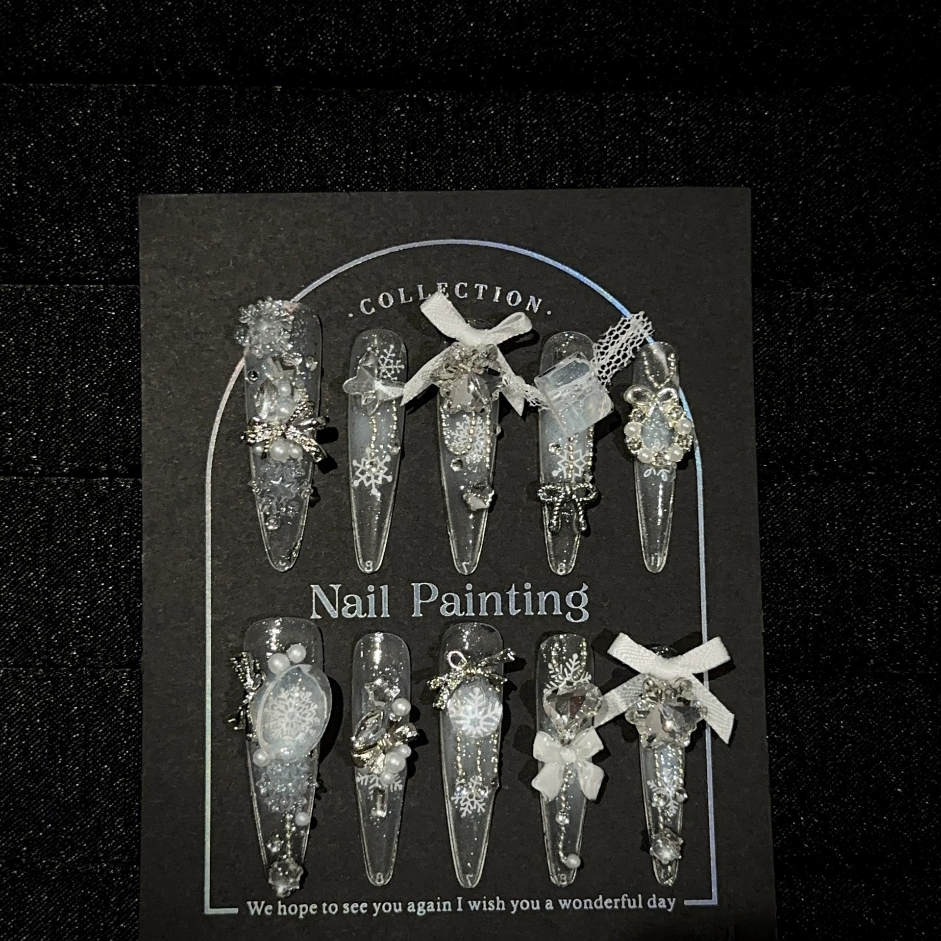 Winter Snowflake Press-On Nails - White Bows, Pearls & Silver 3D Decorations | Glitter Press-On Nails for Christmas & New Year
