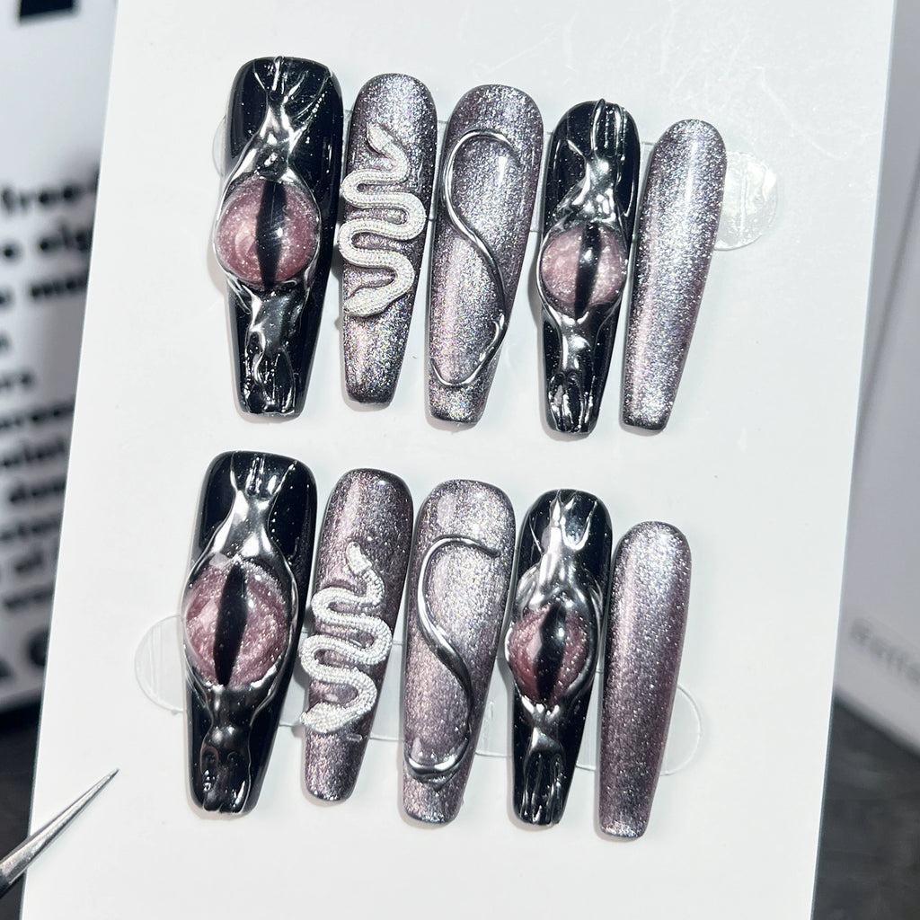 Black Purple Silver Press-On Nails | Snake Pattern & Metallic Lines | Dark Gothic Cool Nails for Halloween, Rock Festival, Gothic Party
