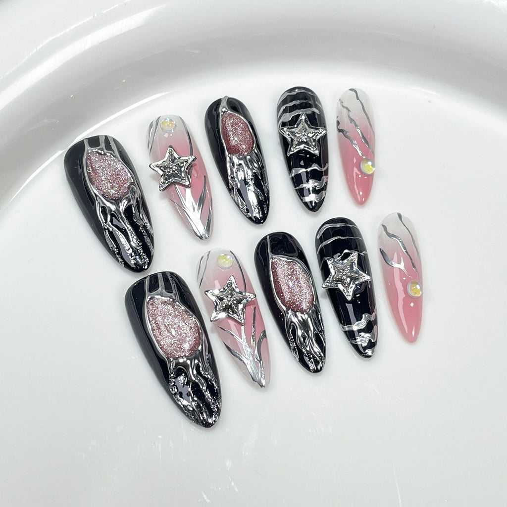 Black & Pink Press-On Nails | Metallic Stars & Glitter | Trendy Cool & Sweet Nails for Party, Street, Music Festival