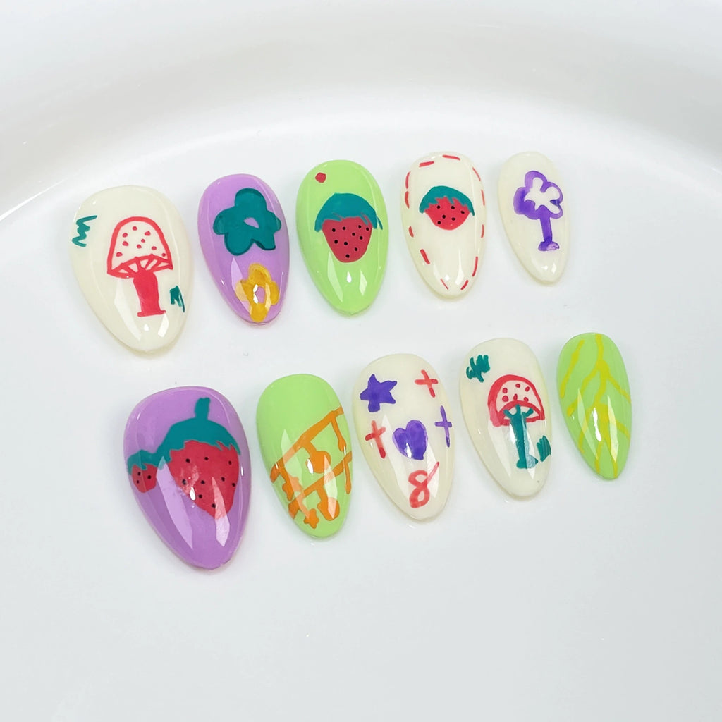 Colorful Strawberry Mushroom Press-On Nails with Stars, Flowers & Musical Notes | Cute Whimsical Nail Art for Kids, Parties & Playdates