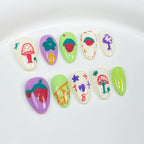 Colorful Strawberry Mushroom Press-On Nails with Stars, Flowers & Musical Notes | Cute Whimsical Nail Art for Kids, Parties & Playdates