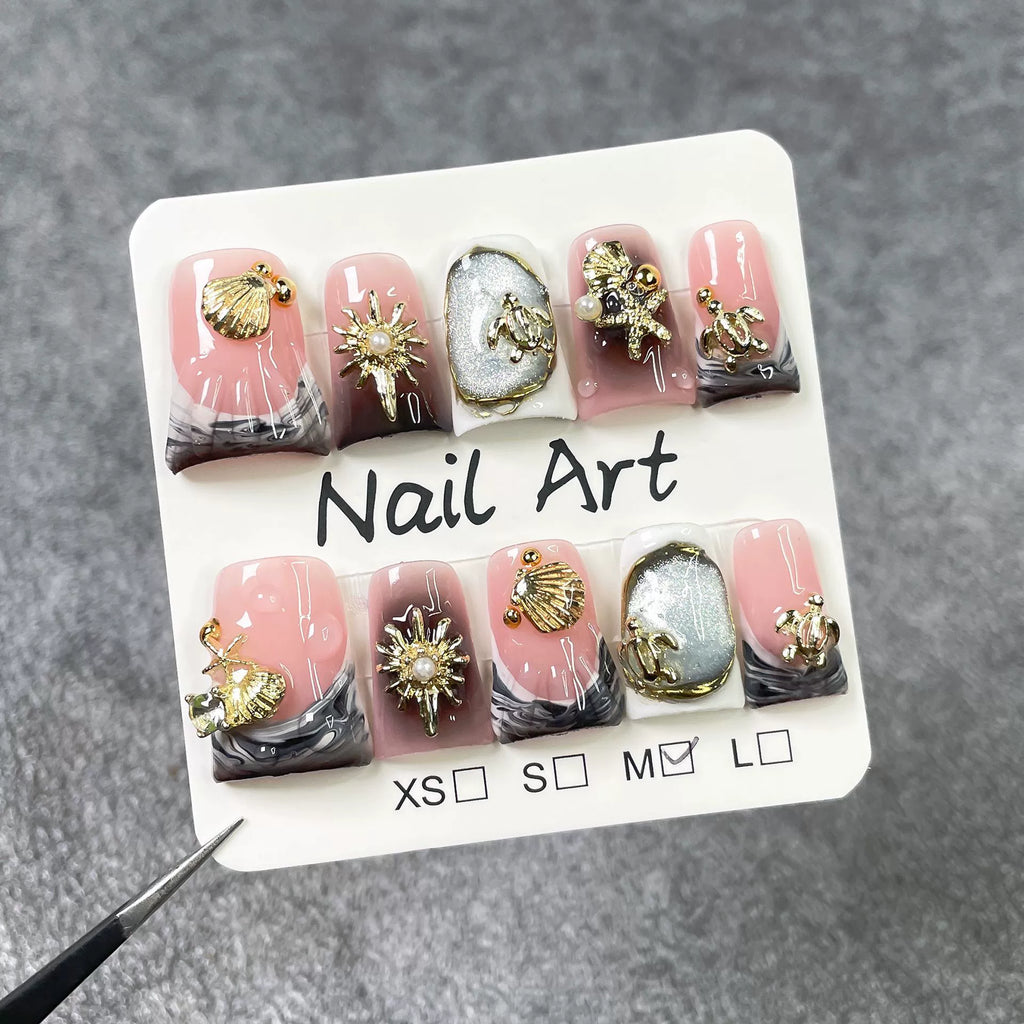 Pink Marble Press-On Nails with Gold Sea Shells, Pearls & Designer-Inspired Charms | Elegant Luxury Nail Art for Summer & Events