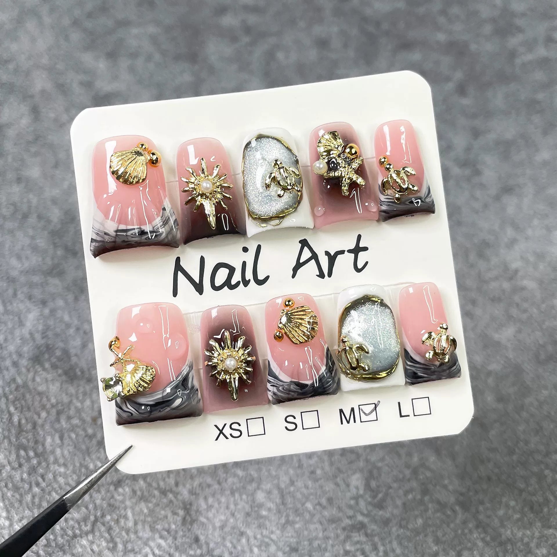 Pink Marble Press-On Nails with Gold Sea Shells, Pearls & Designer-Inspired Charms | Elegant Luxury Nail Art for Summer & Events